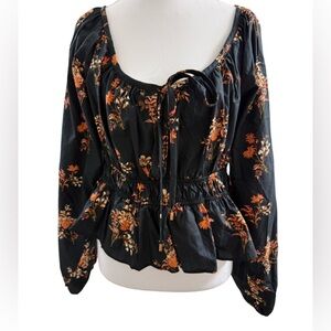 FREE PEOPLE MANDY FLORAL PRINTED RUCHED PEPLUM COTTON TIE FRONT BLOUSE SIZE: M